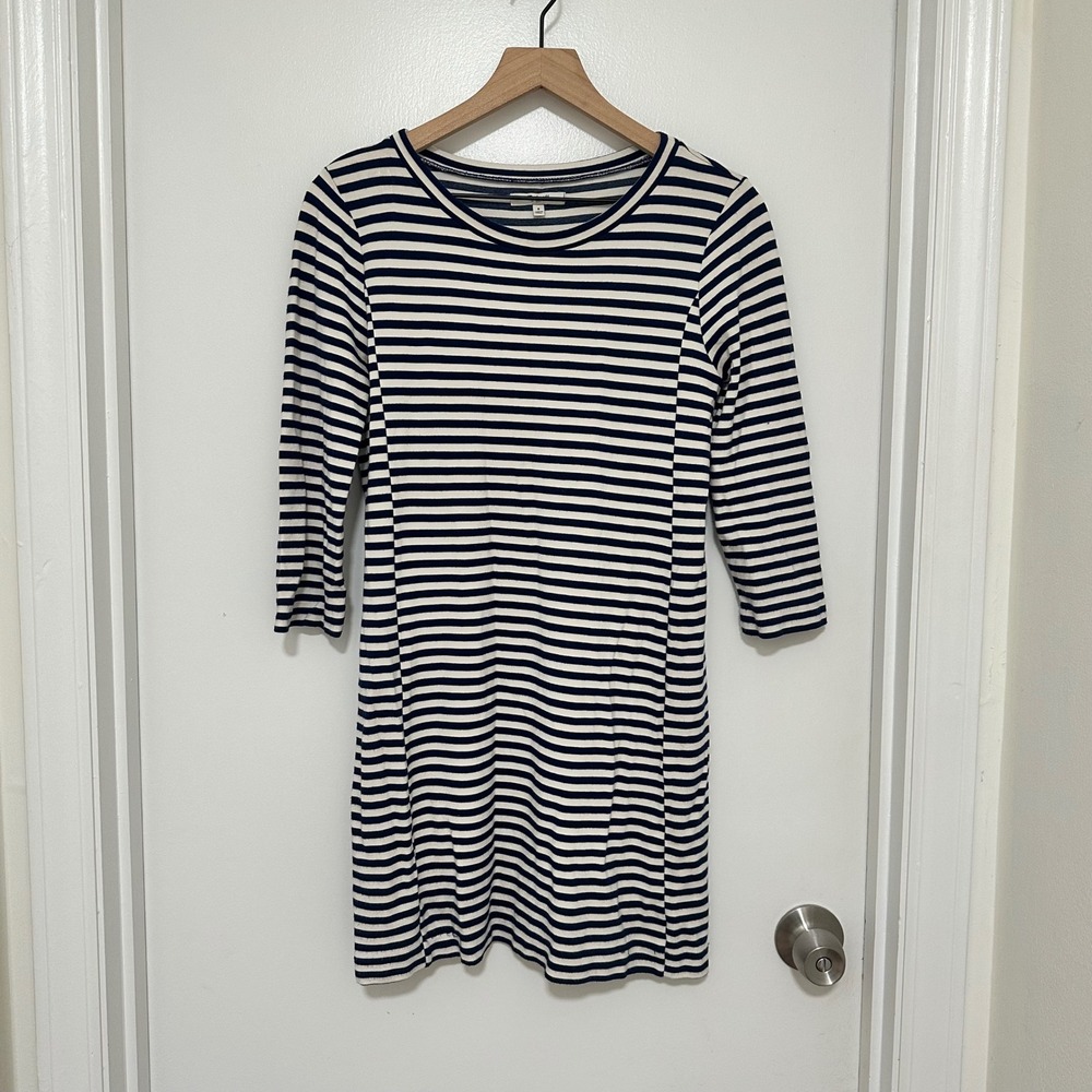 Madewell | Women's Navy Blue White Striped 3/4 Sleeve Knit Shift Dress, Size S